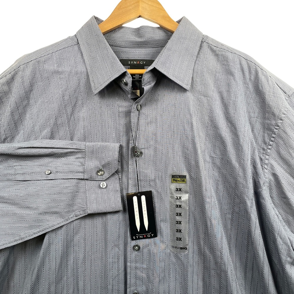 NWT‎ Synergy Mens 3XL Woven Vertical Dobby Stripe 100% Cotton Button Down Shirt